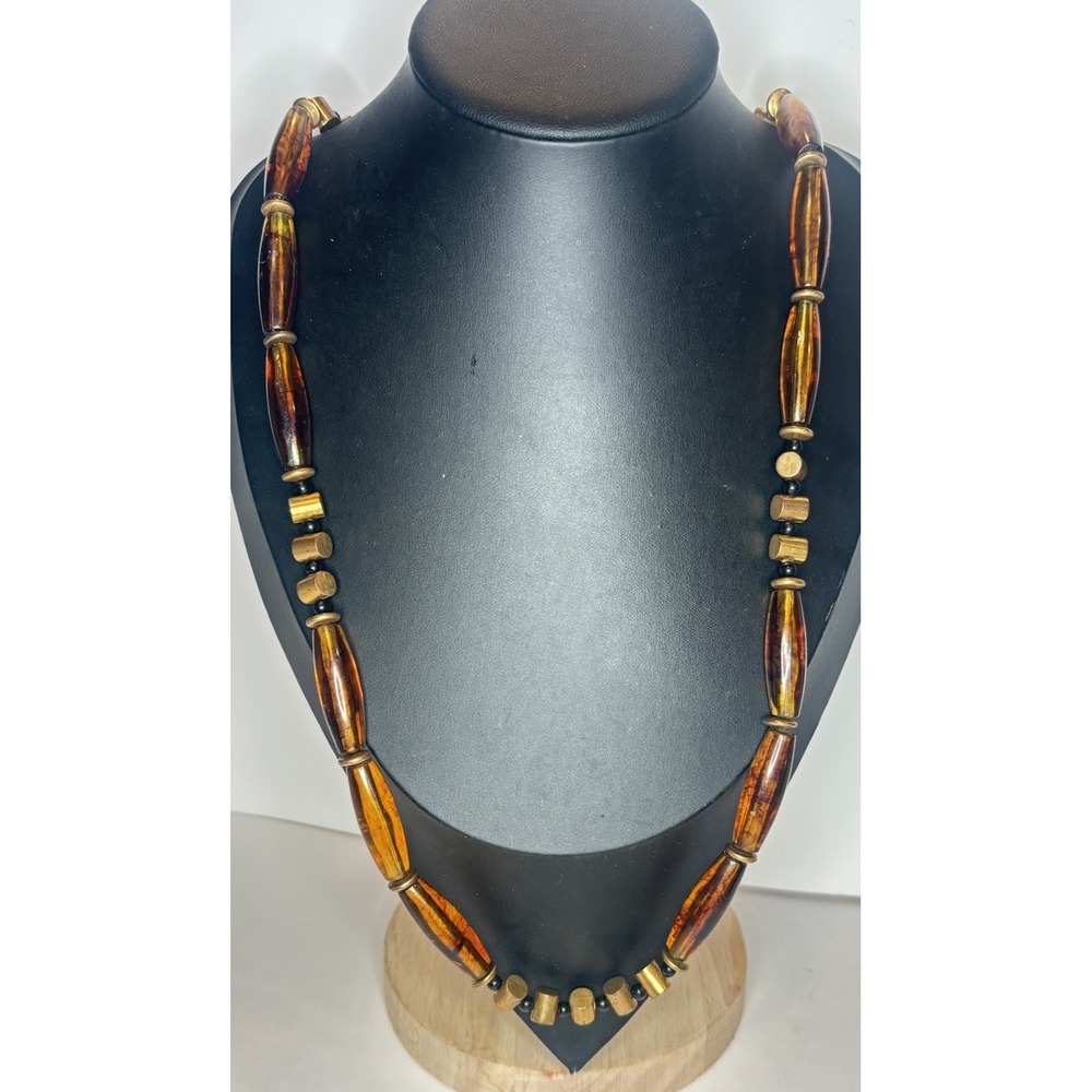 Vintage Amber Color Lucite Bead Necklace 32" Marbled Acrylic Brass Tone